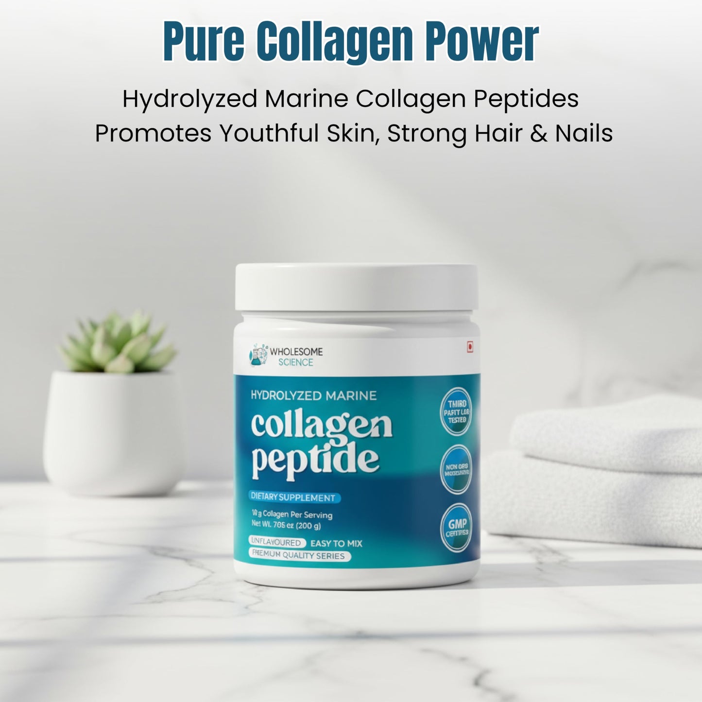 WHOLESOME SCIENCE Hydrolyzed Marine Collagen Peptides Powder – Collagen Peptide Formula for Skin, Hair & Nails – Non-GMO, Third-Party Lab Tested, Dietary Supplement – 7.05 oz