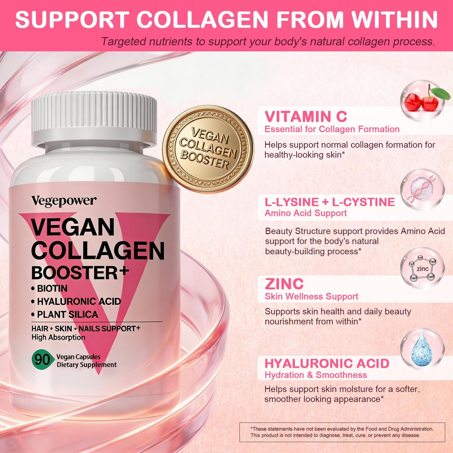VEGEPOWER Vegan Collagen Booster with Biotin 10,000 mcg, Hyaluronic Acid, Bamboo Silica, Vitamin C & Zinc, Plant Based Hair Skin & Nails Support, 90 Capsules