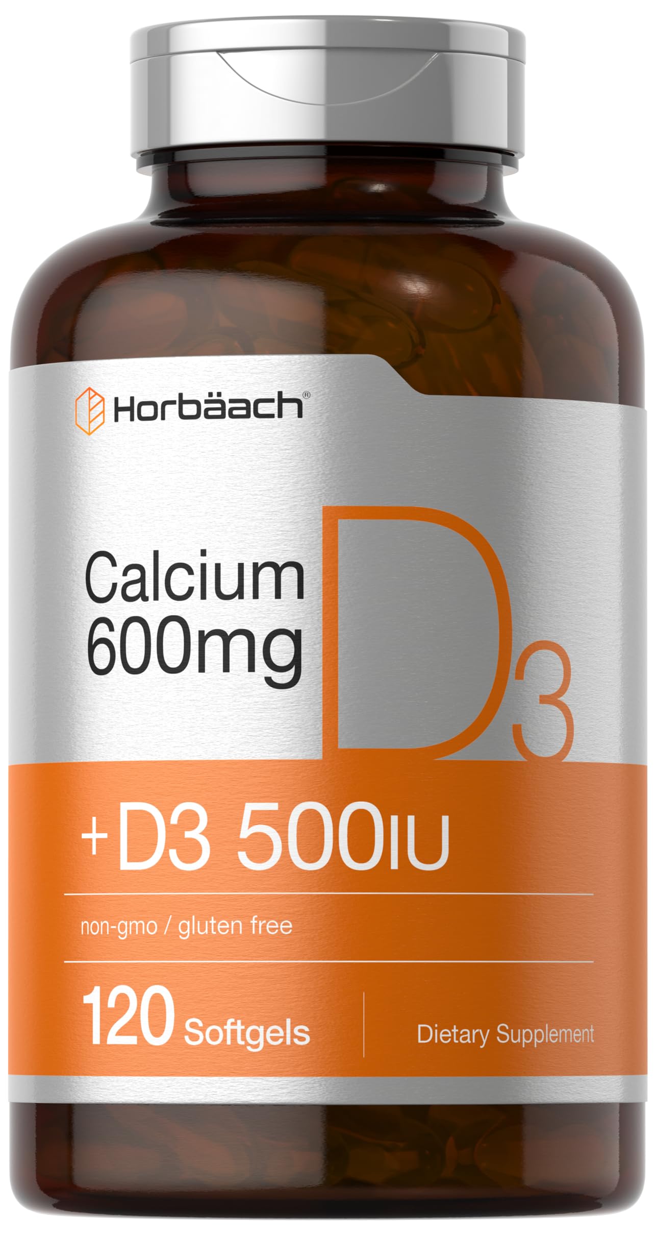 Horbäach Calcium Supplement with Vitamin D3 600 mg Softgels, 120 Count