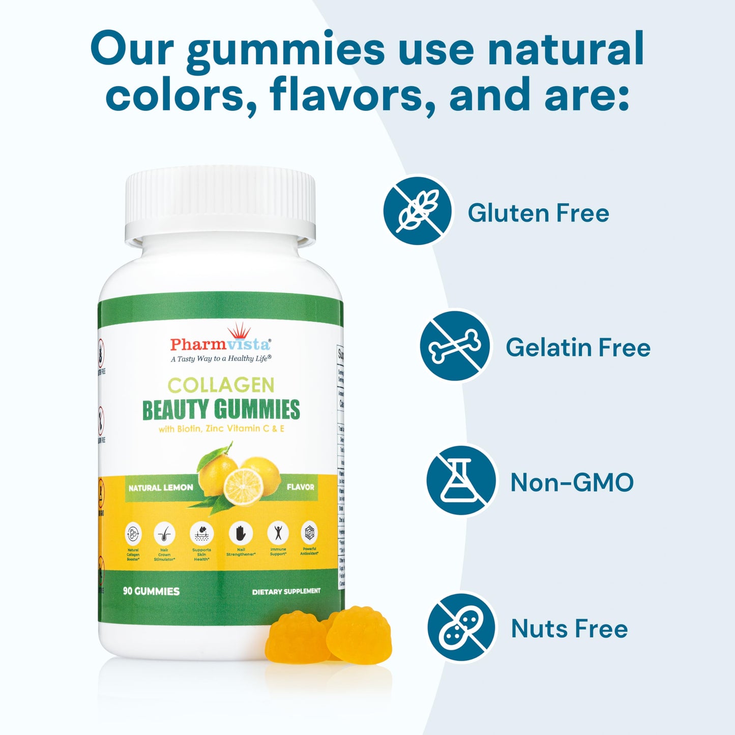 Pharmvista Collagen Gummies with Biotin, Zinc, Vitamins C & E for Hair Skin and Nails Support Gummy, 90 Count