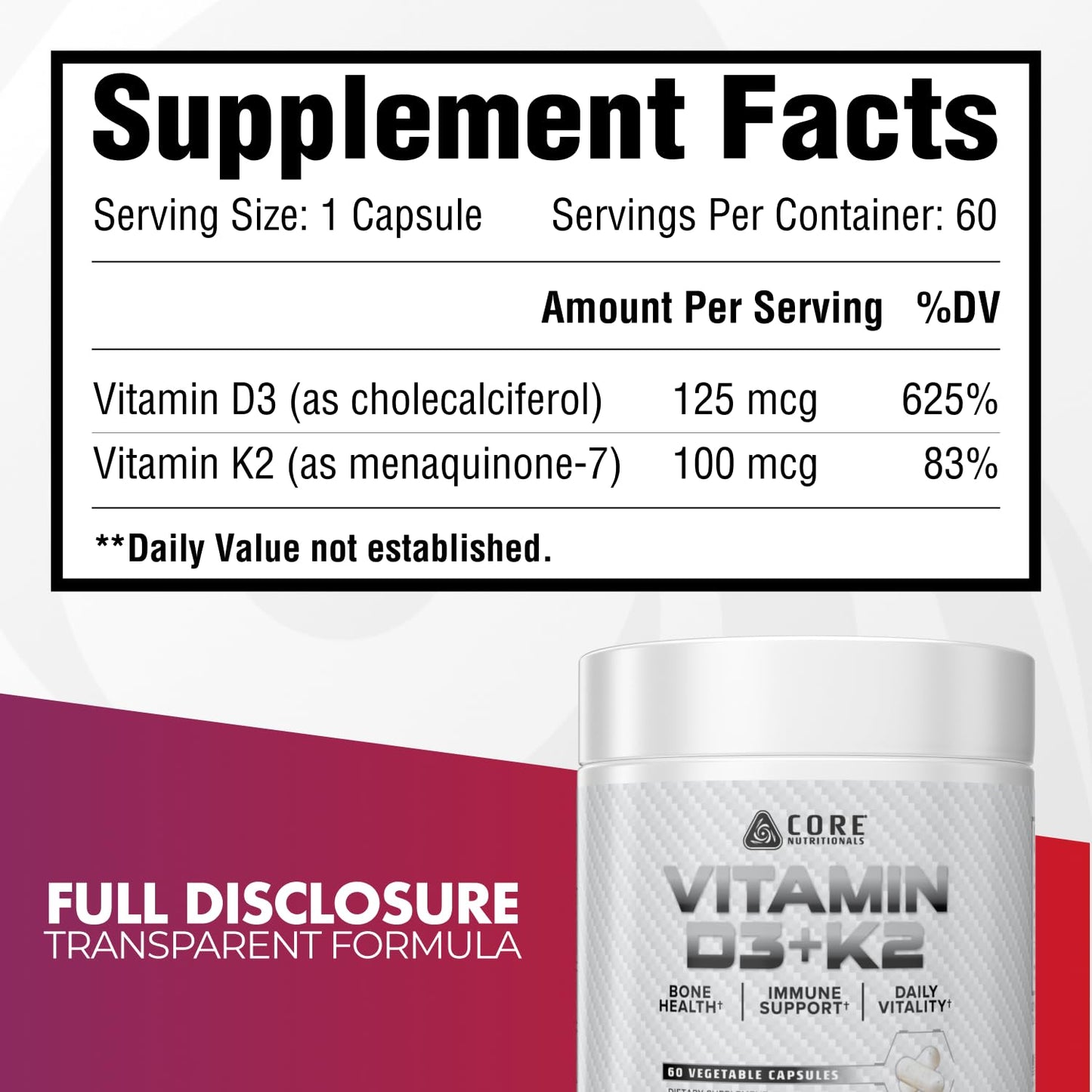 Core Nutritionals Vitamin D3 + K2 for Calcium Support 60 Capsules