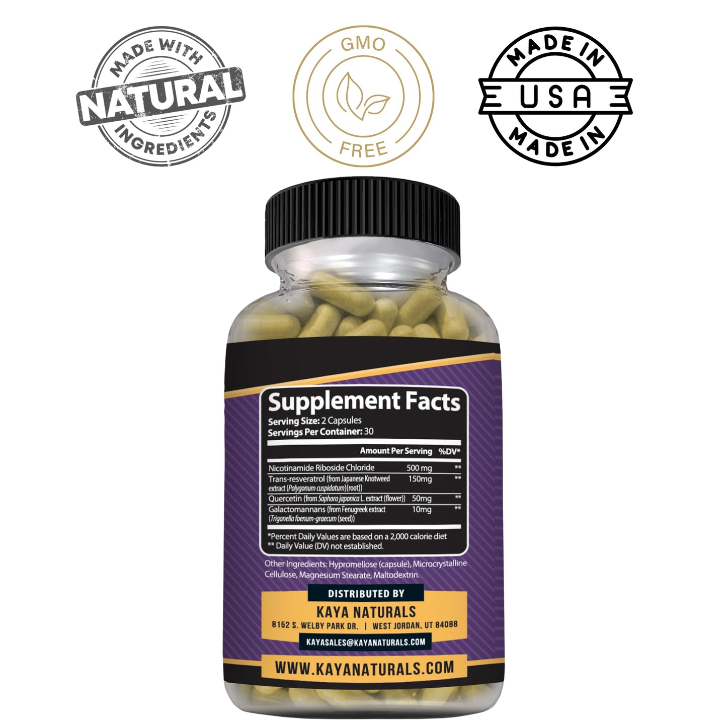 Kaya Naturals NAD+ with Trans-Resveratrol 710mg per Serving Capsule, 60 Count