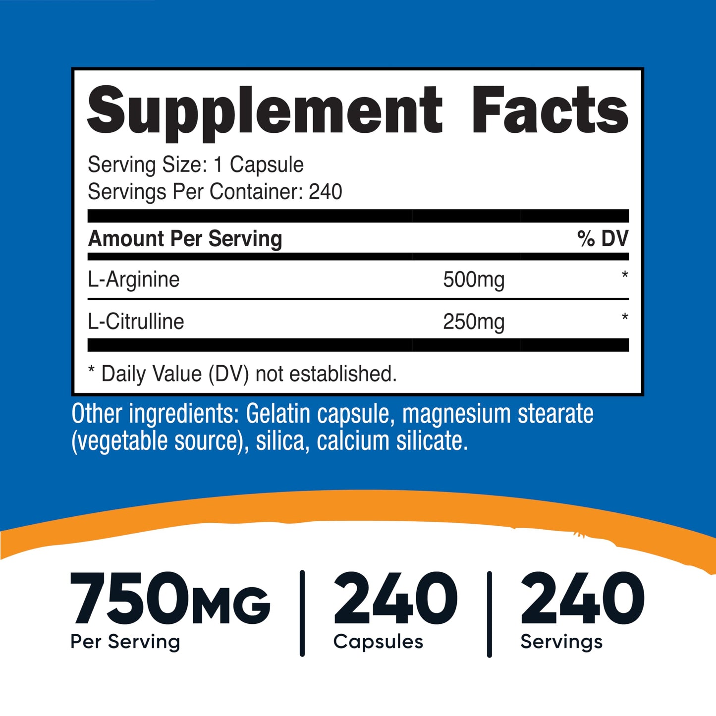 Nutricost L-Arginine L-Citrulline Complex 750mg Capsule, 240 Count
