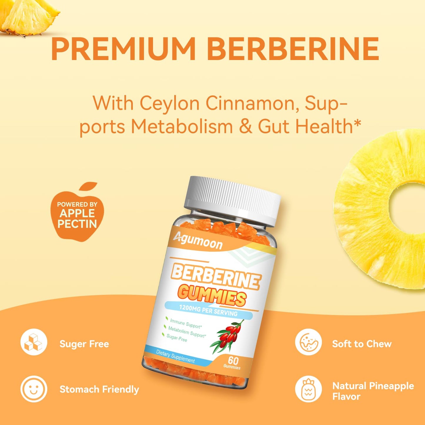 Agumoon Berberine Gummies 1200mg with Ceylon Cinnamon for Immune System & Metabolism Support, 120 Count