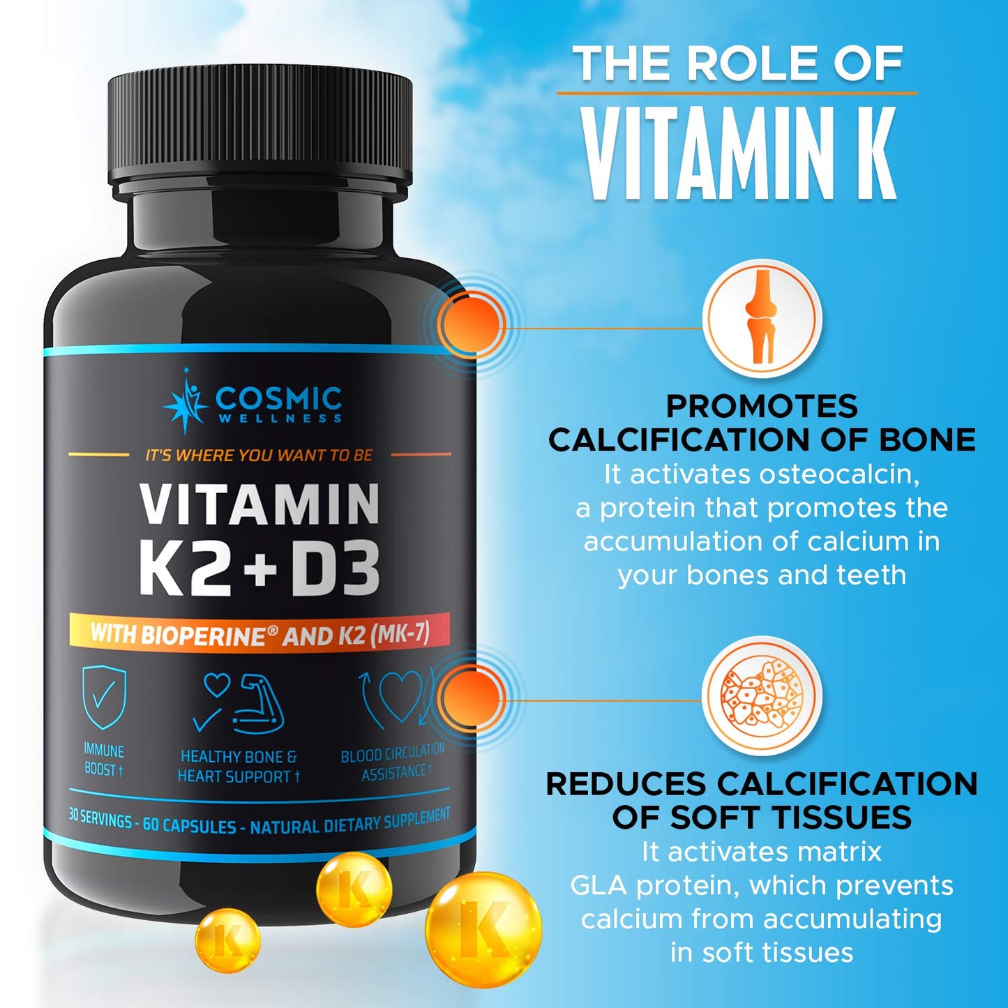 COSMIC WELLNESS K2 D3 Vitamin Supplement 5000 IU Capsules, 60 Count