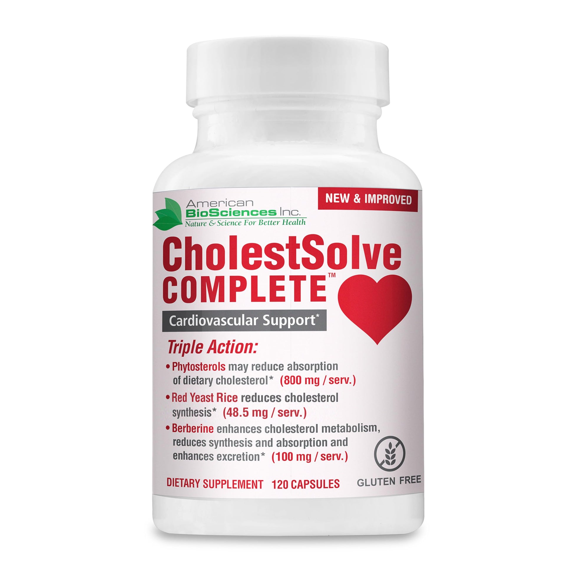 American BioSciences CholestSolve Complete Cholesterol Support Supplement with Plant Sterols 800mg, Red Yeast Rice, Berberine & Phytosterols Capsules, 120 Count