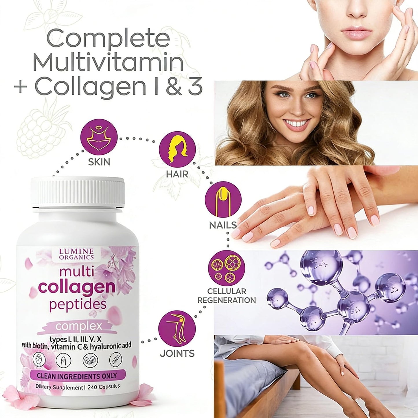 Lumine Organics Collagen Peptides Capsules with Biotin, Hyaluronic Acid, Vitamin C, Non-GMO, 240 Count