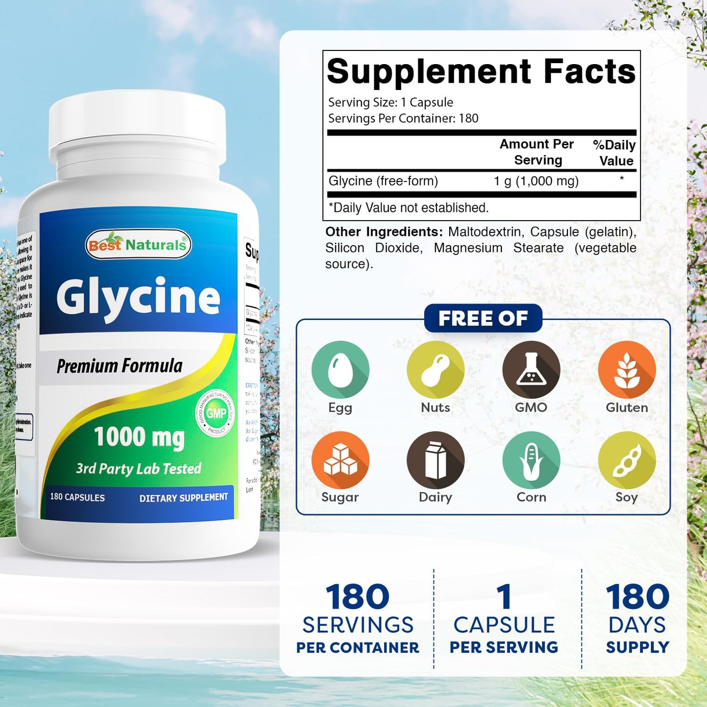 Best Naturals Glycine Supplement 1000 Mg Capsules, 180 Count