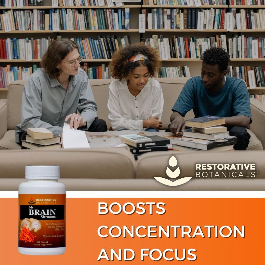 Restorative Botanicals My Brain Shrooms Lion's Mane, Cordyceps, Ashwagandha, Bacopa, Black Pepper Capsules, 60 Count