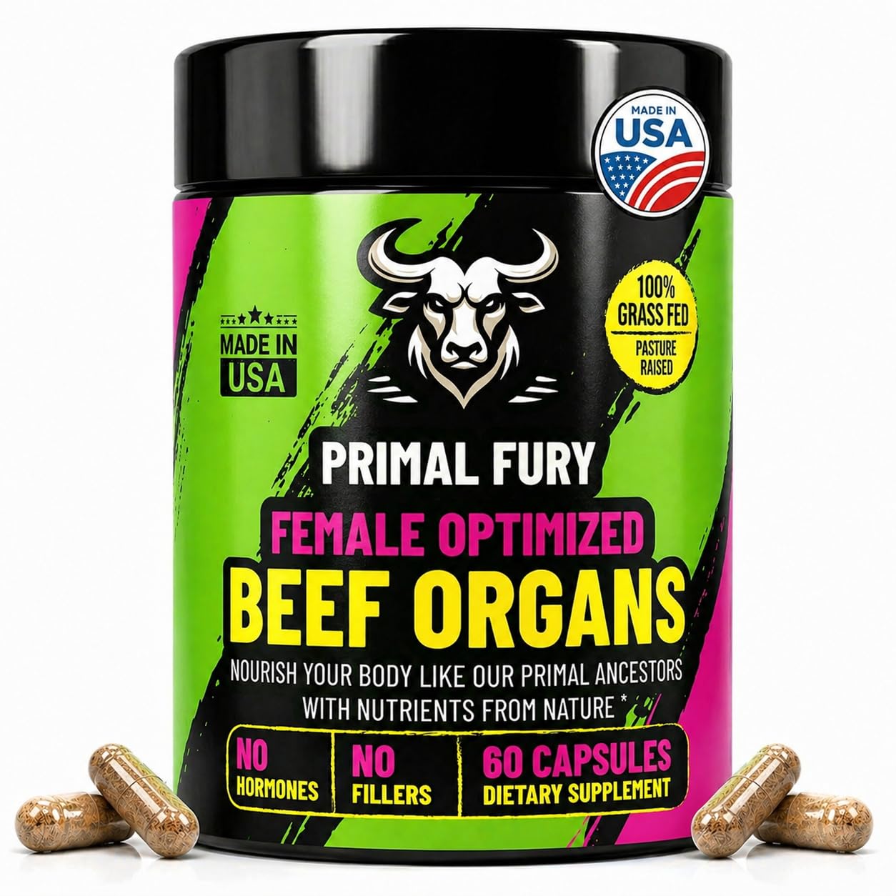 PRIMAL FURY Grass-Fed Beef Organ Supplement for Women, 60 Capsules
