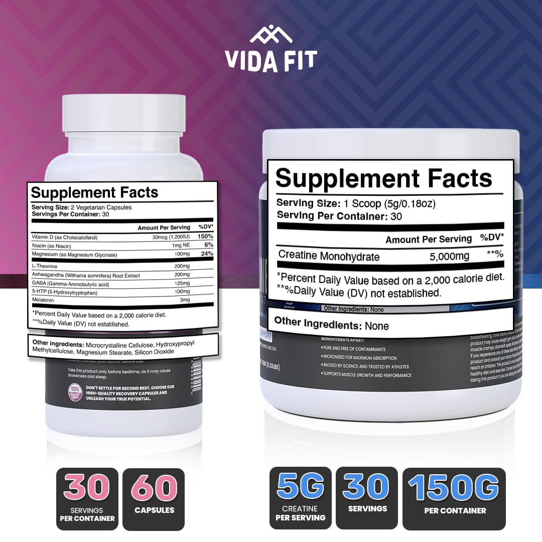 Vida Fit Good Night Natural Sleep Aid (60 Capsules) & Micronized Creatine Monohydrate Powder (150 g) Bundle