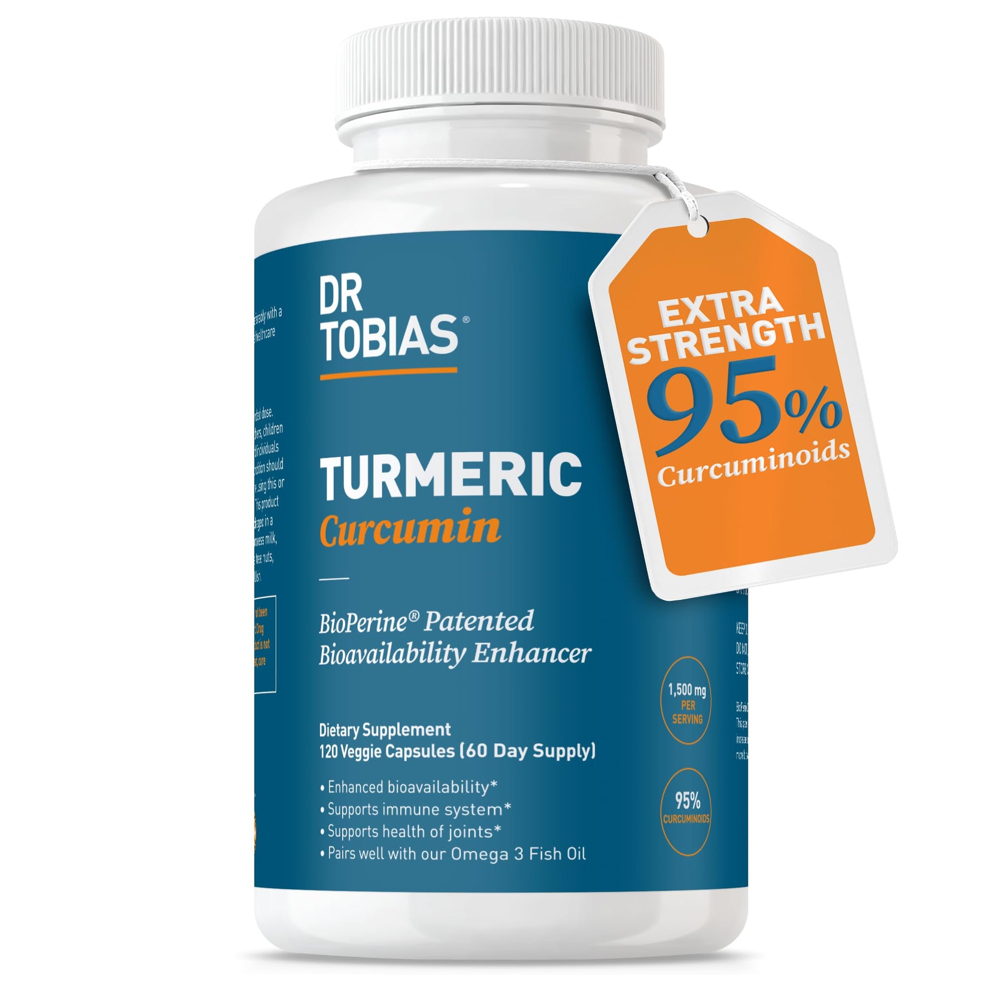 Dr. Tobias Turmeric Curcumin 1500mg with BioPerine Extra Strength Supplement with 95% Curcuminoids for Joint Support, Overall Vitality & Immune Health, 120 Capsules