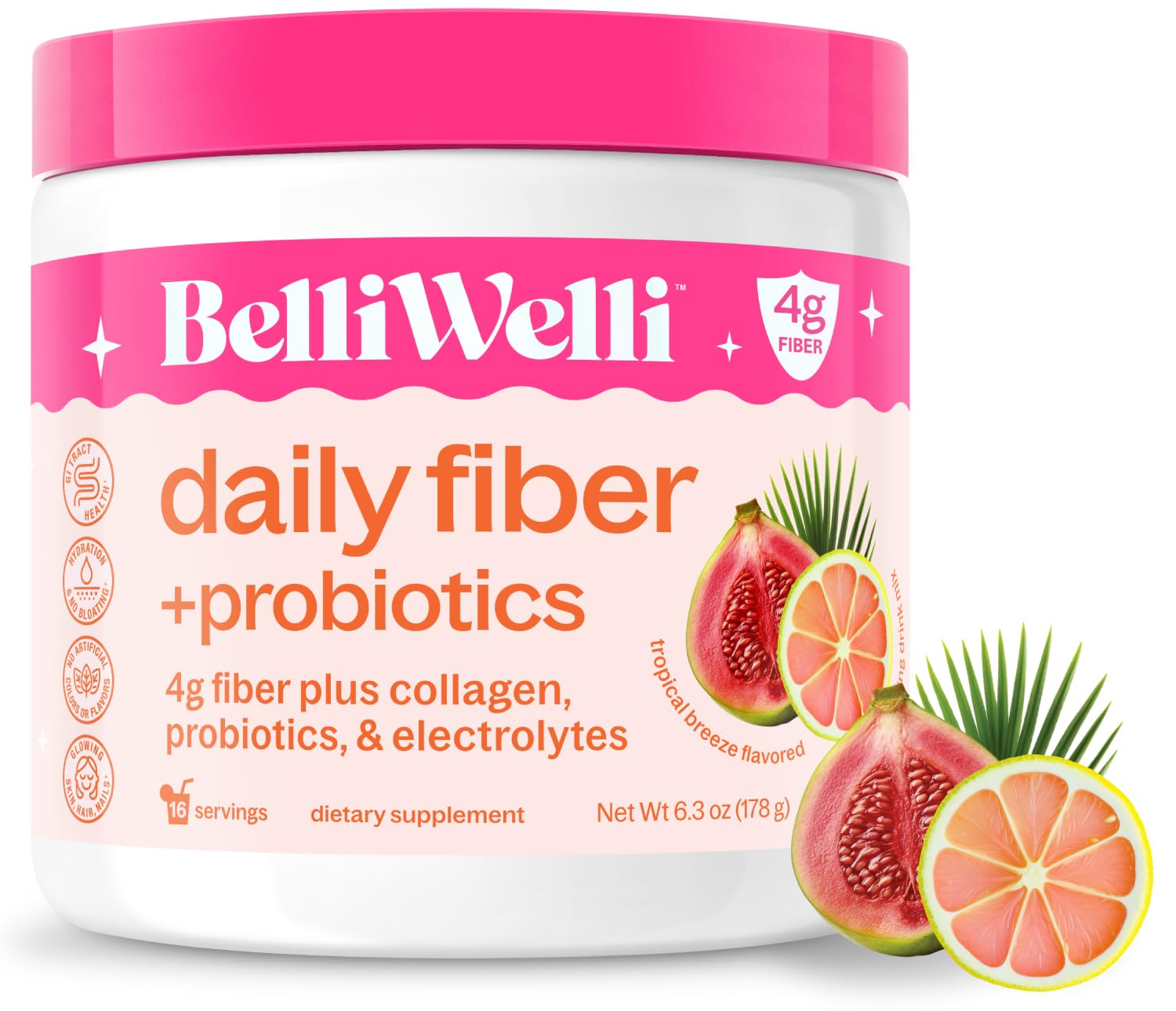 Belli Welli Fiber Supplement Powder, 6.4 oz – Premium Daily Fiber Powder from Organic Acacia with Added Collagen, Electrolytes & Probiotics, No Bloat, Constipation & Gut Health Support