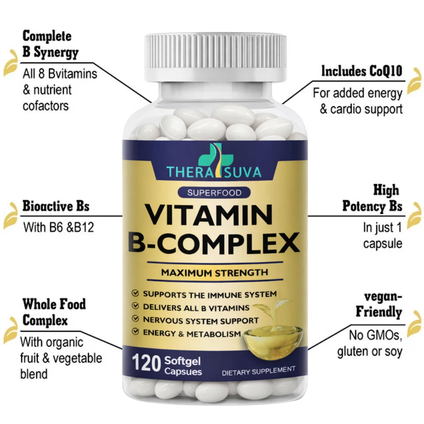 TheraSuva Vitamin B-Complex + CoQ10 + Vitamin C Max Strength Softgels, 120 Count