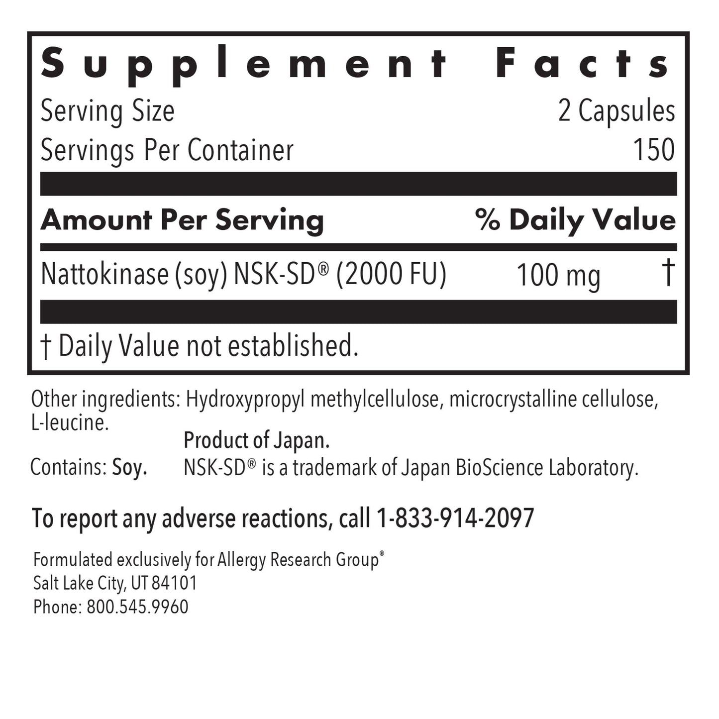 Allergy Research Group ARG Nattokinase 50 mg - Supplement to Support Healthy Circulation - Delivers NSK-SD from Fermented Soybeans per Serving - 300 Capsules