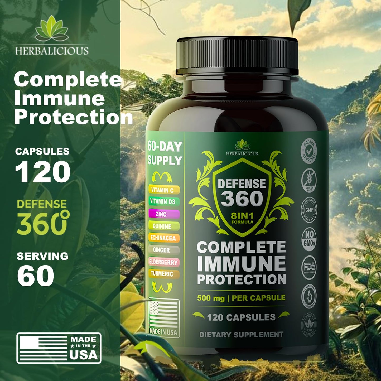 HERBALICIOUS Defence360 Immune Support 8-in-1 Supplement with Vitamin C, D3, Zinc, Elderberry, Echinacea, Turmeric, Ginger & Quinine, Immune Protection, Energy and Vigor, Brain Boost, Stress Relief Capsules 120
