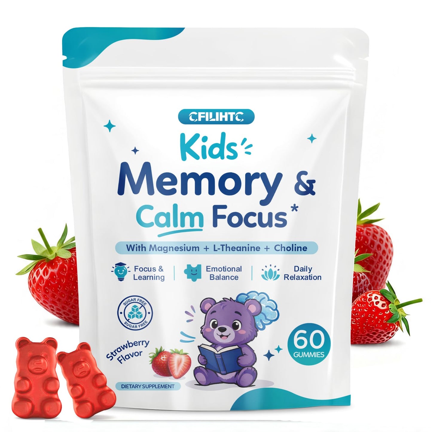 CFILIHTC Kids Focus & Memory Gummies with Magnesium Glycinate, Phosphatidylserine & Choline - Support Brain, Attention & Focus for Kids, Learning & Cognitive Development – Sugar Free Strawberry, 60 Gummies