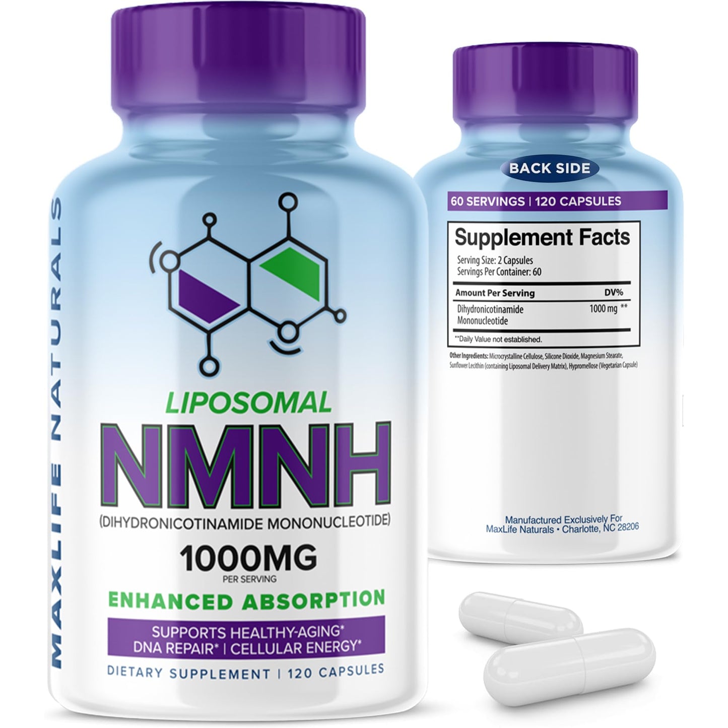 MAXLIFE NATURALS NMNH Supplement 1000mg Liposomal Formula, 120 Capsules