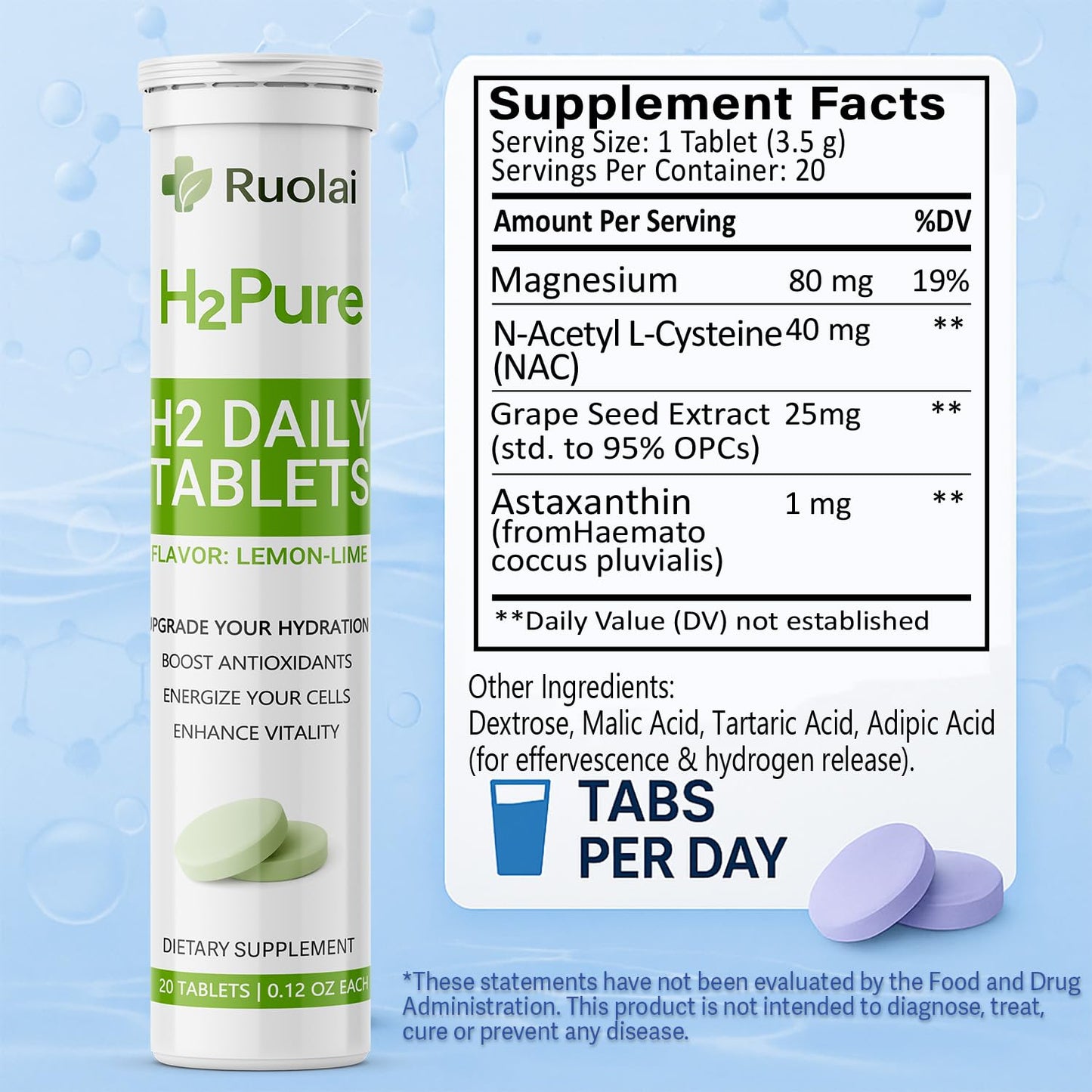 Ruolai H2pure Hydrogen Tablets, 20 Tablets