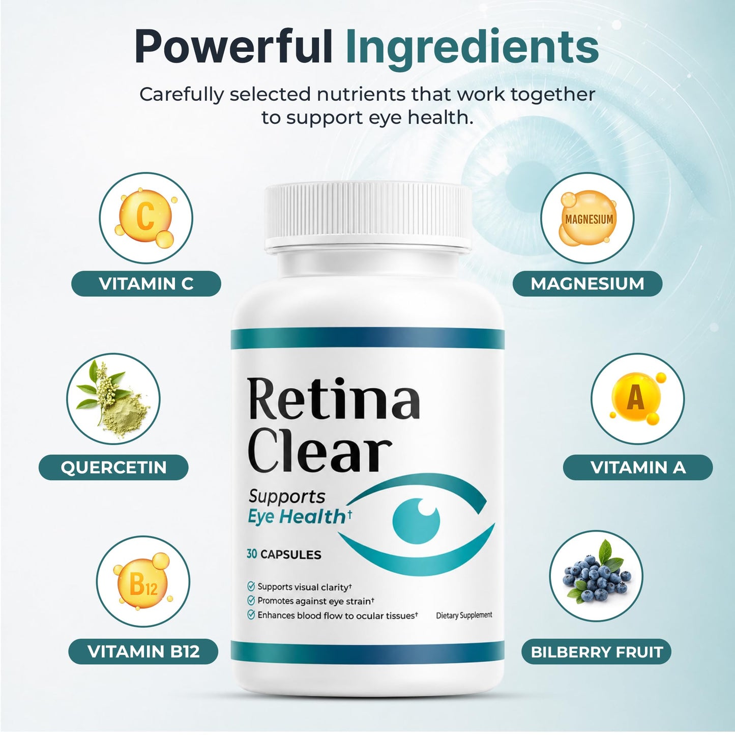 Retina Clear Eye Health Supplement with Lutein, Zeaxanthin, Quercetin, Vitamin A, Zinc & Bilberry, 90 Capsules