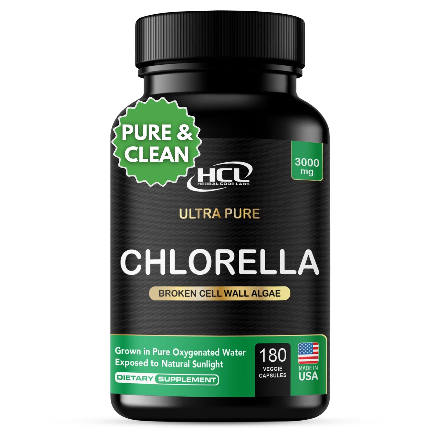 HCL HERBAL CODE LABS Chlorella 3000 mg Cracked Cell Wall Blue-Green Algae Capsule, 180 Capsules