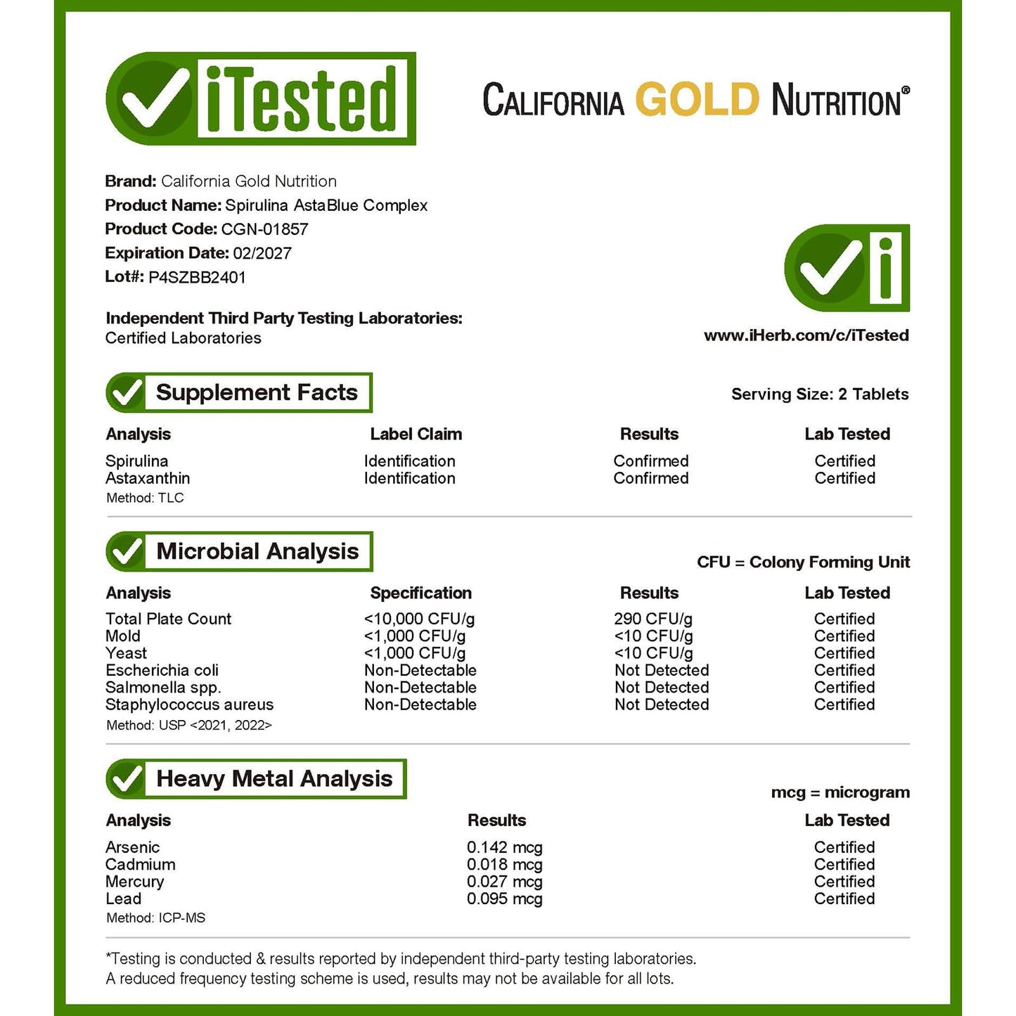 California Gold Nutrition Spirulina AstaBlue Complex 60 Tablets