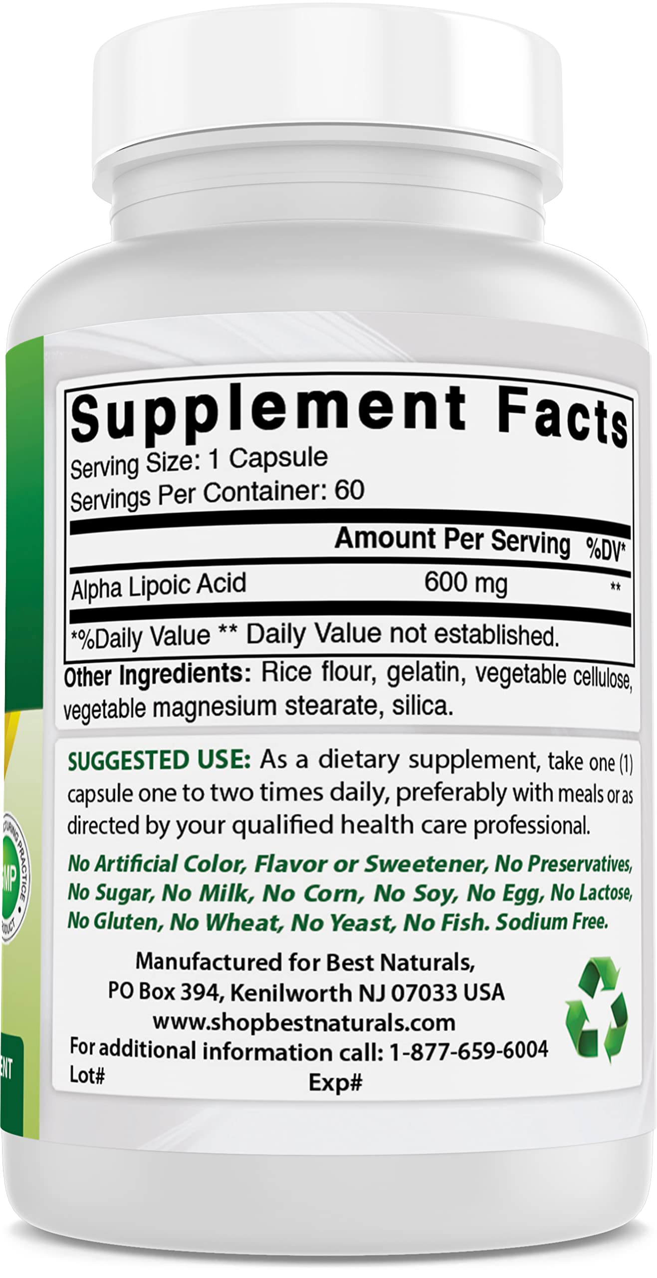 Best Naturals Alpha Lipoic Acid 600 mg Capsules 120 Count