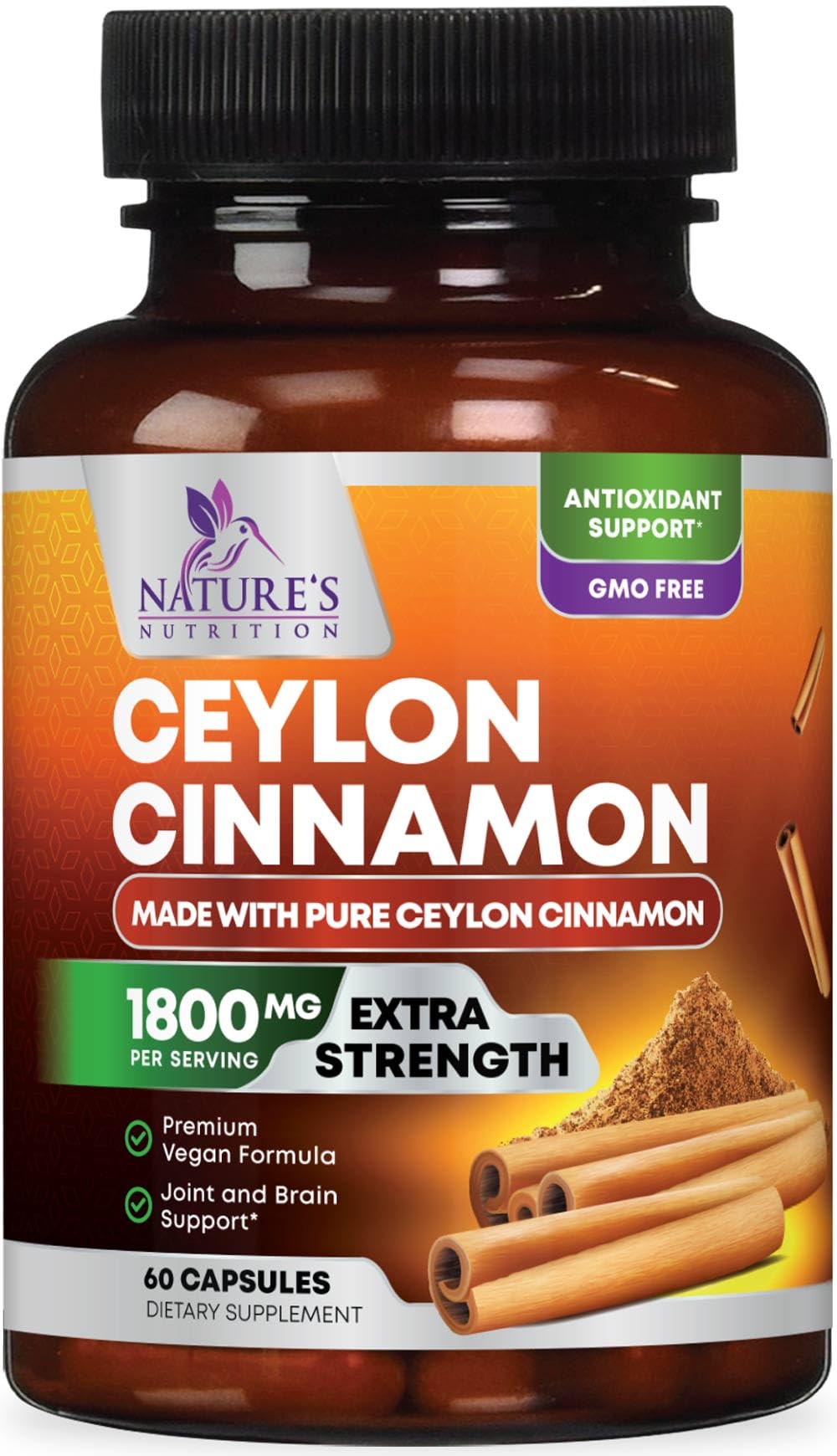 Organic Ceylon Cinnamon Capsules 1800mg - Extra Strength Certified Organic Ceylon Cinnamon Supplement - Energy & Heart Support Antioxidant Pill for Women & Men, Bottled USA - 60 Capsules