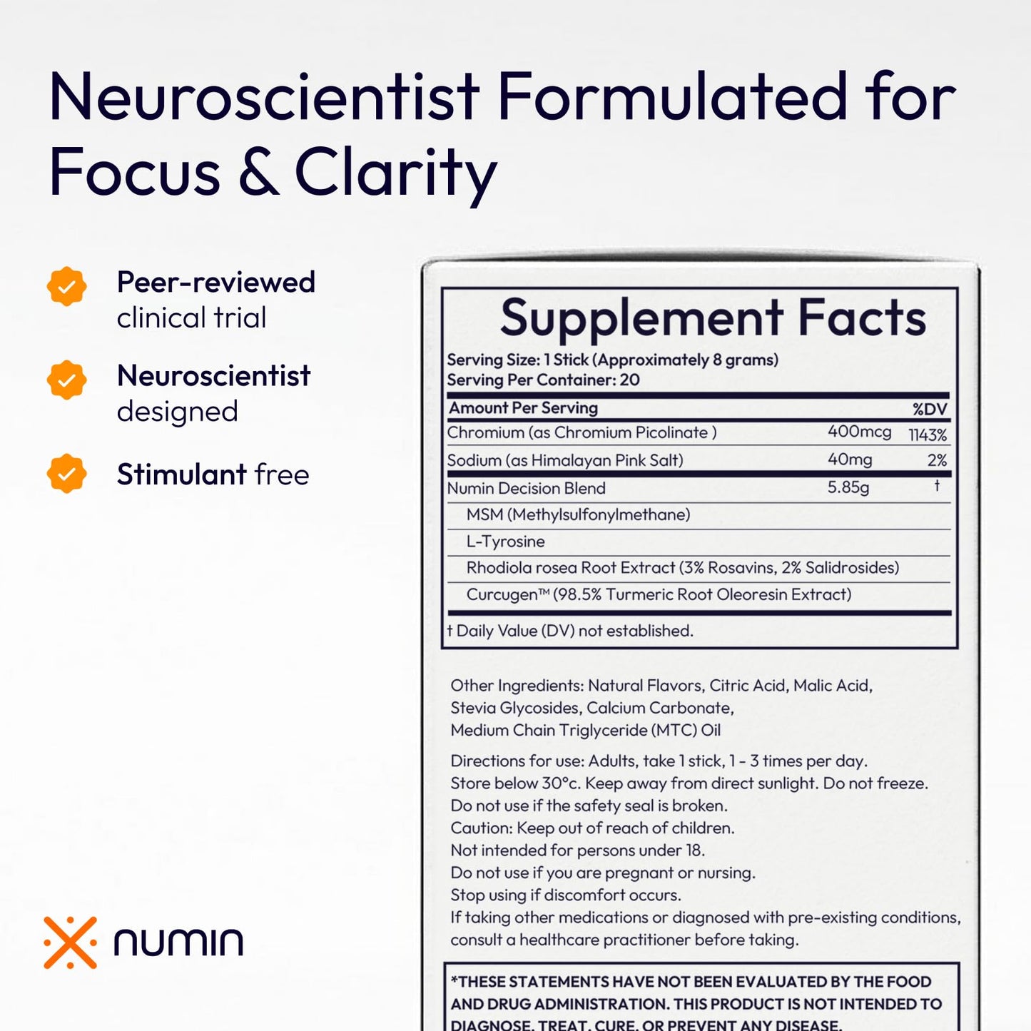 Numin Brain Supplements for Memory and Focus, Powder, 20 Sachets