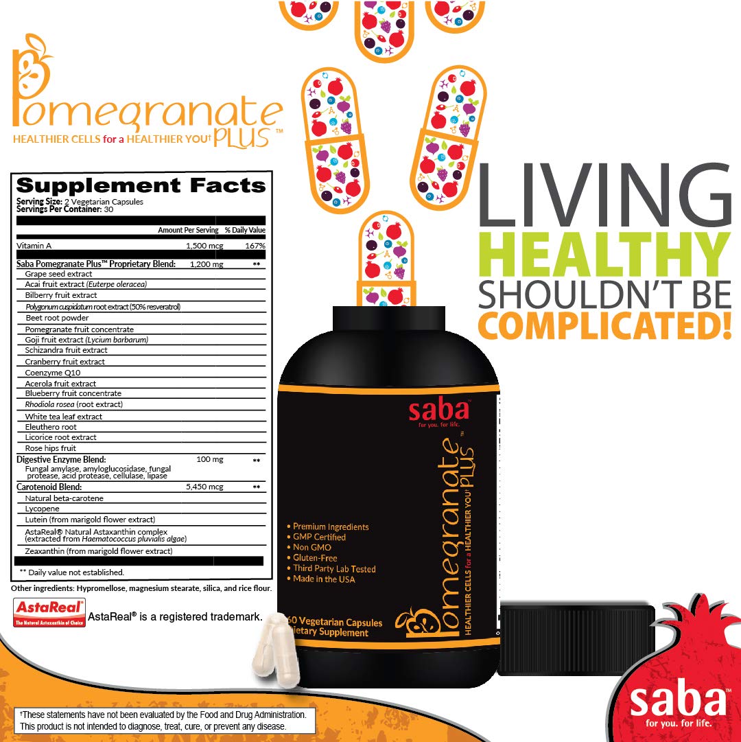 Saba Pomegranate Plus Astaxanthin Supplement with AstaReal & Pomegranate Extract 60 Capsules