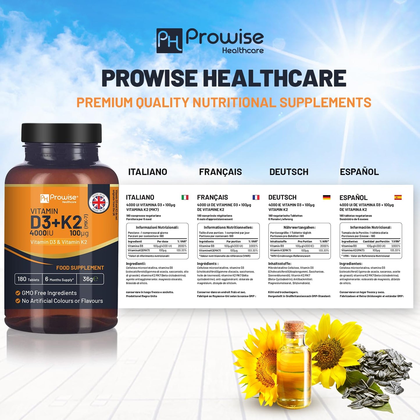 PH PROWISE Healthcare Vitamin D3 4000IU & K2 MK7 100µg, 180 Tablets