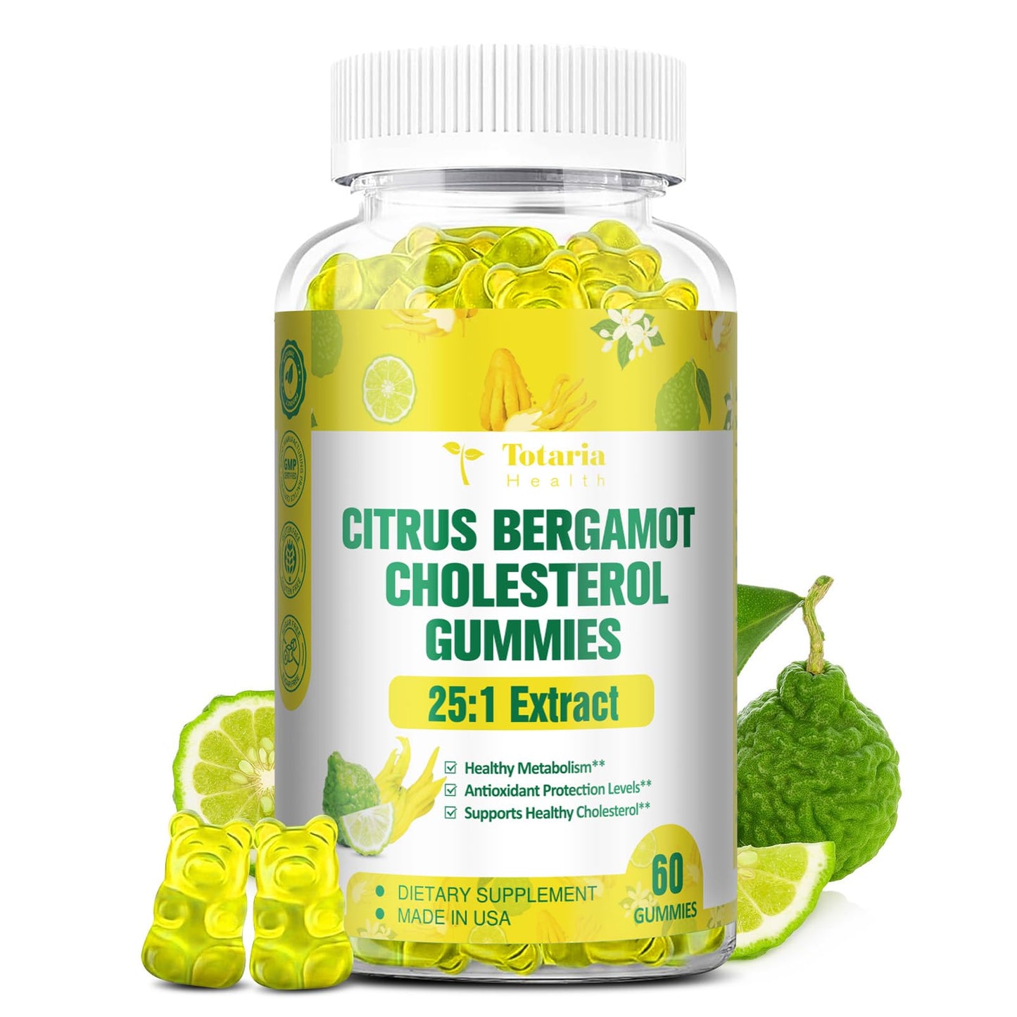 Totaria Sugar Free Citrus Bergamot Gummies - 25:1 Extract from Italian Bergamot, 60 Gummies