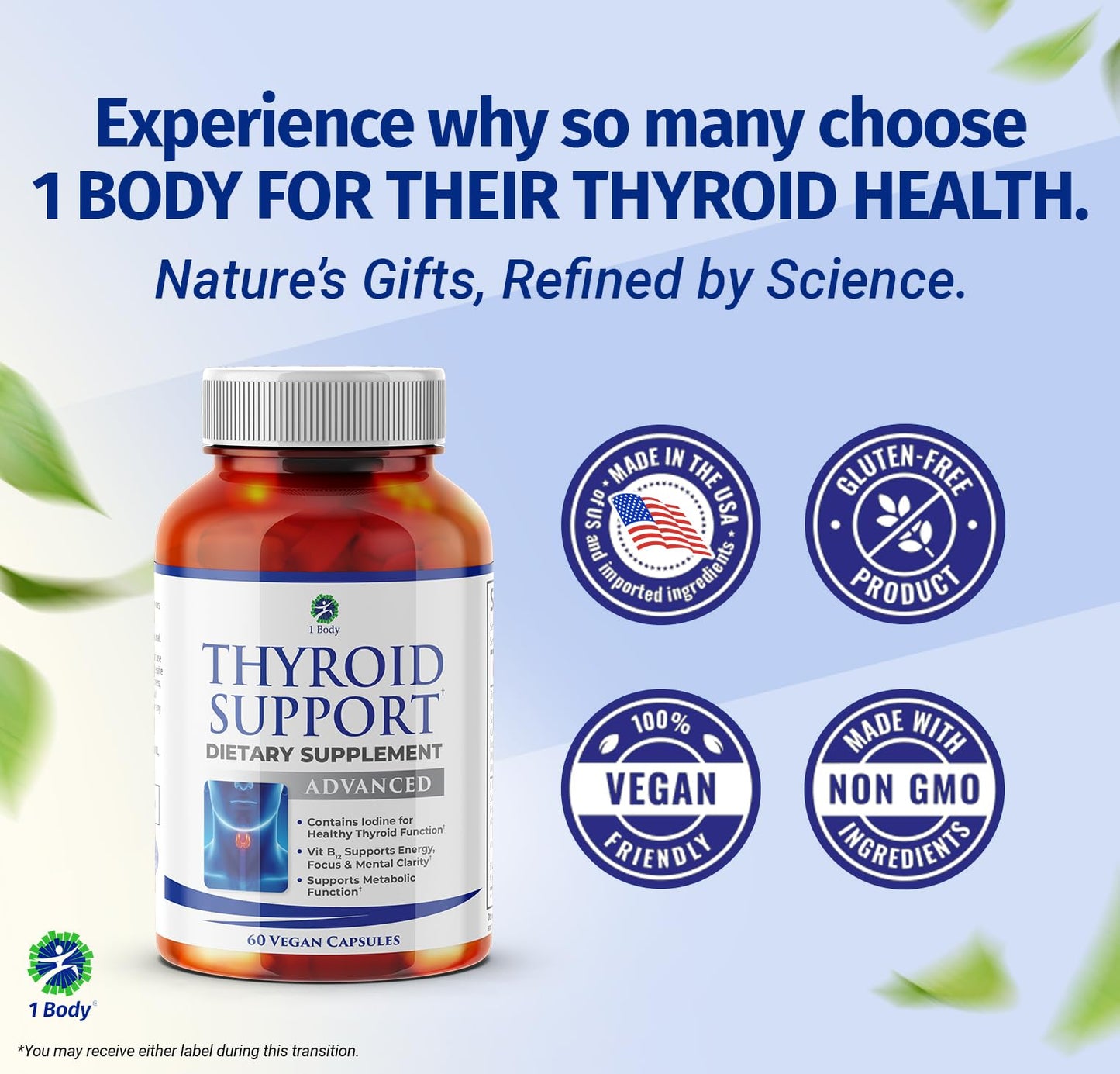 1 Body Thyroid Support Supplement 120 Capsules