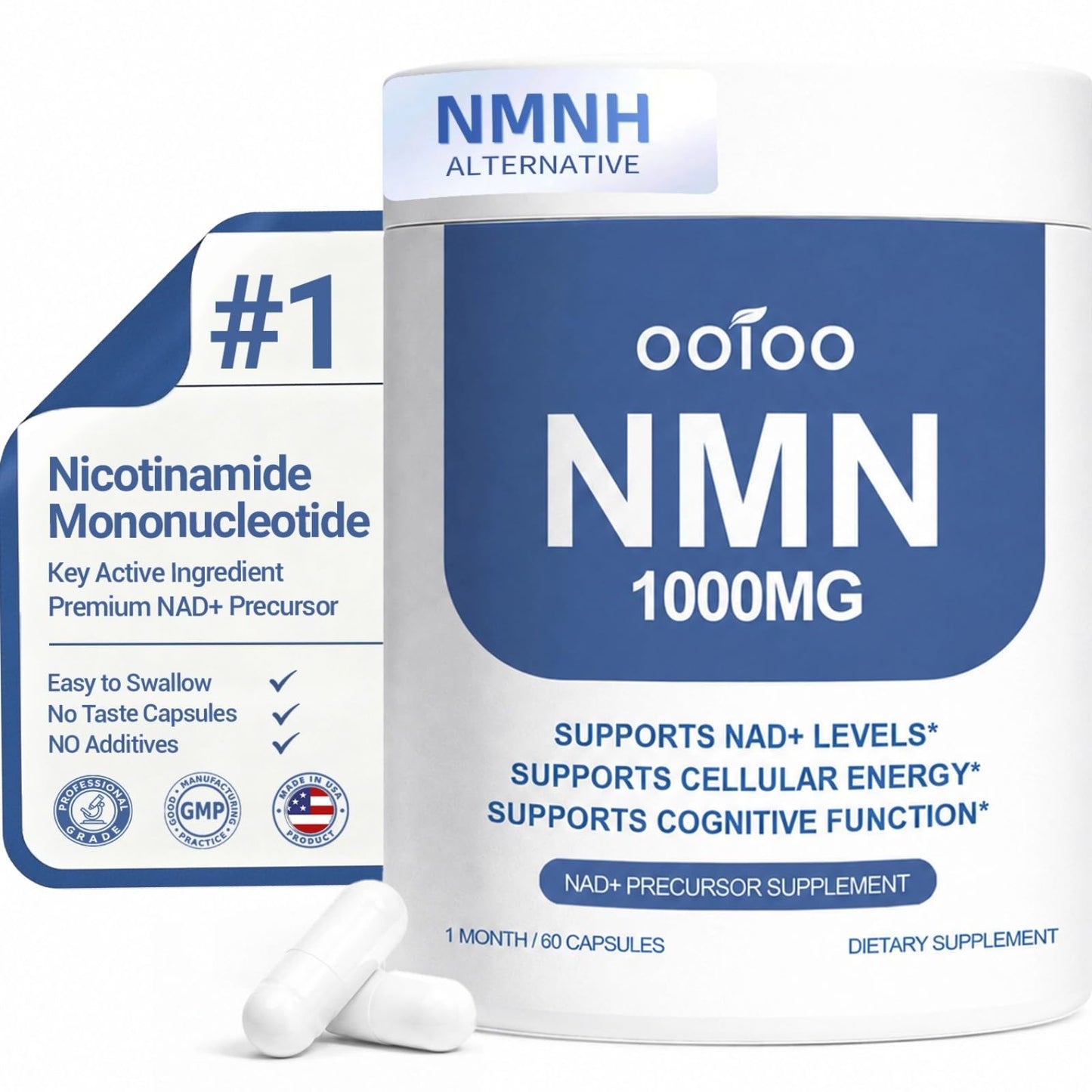 ooioo NMN Supplement 1000mg Pure Organic NMNH Alternative, Supports Cellular Energy, NAD+ Levels & Healthy Aging, NAD+ Supplements for Women & Men, Nicotinamide Mononucleotide, Gluten Free, 60 Capsules
