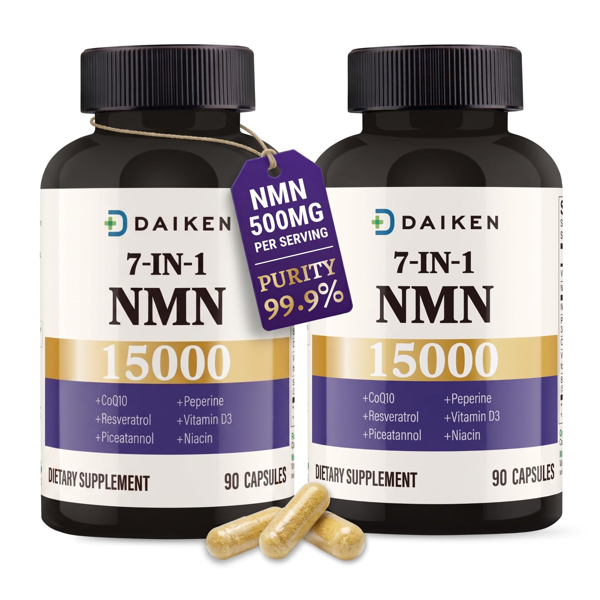 DAIKEN NMN 15000 Advanced Formula, 500mg β-Nicotinamide Mononucleotide with Niacinamide, CoQ10 & Resveratrol - 90 Veggie Capsules, 180 Count