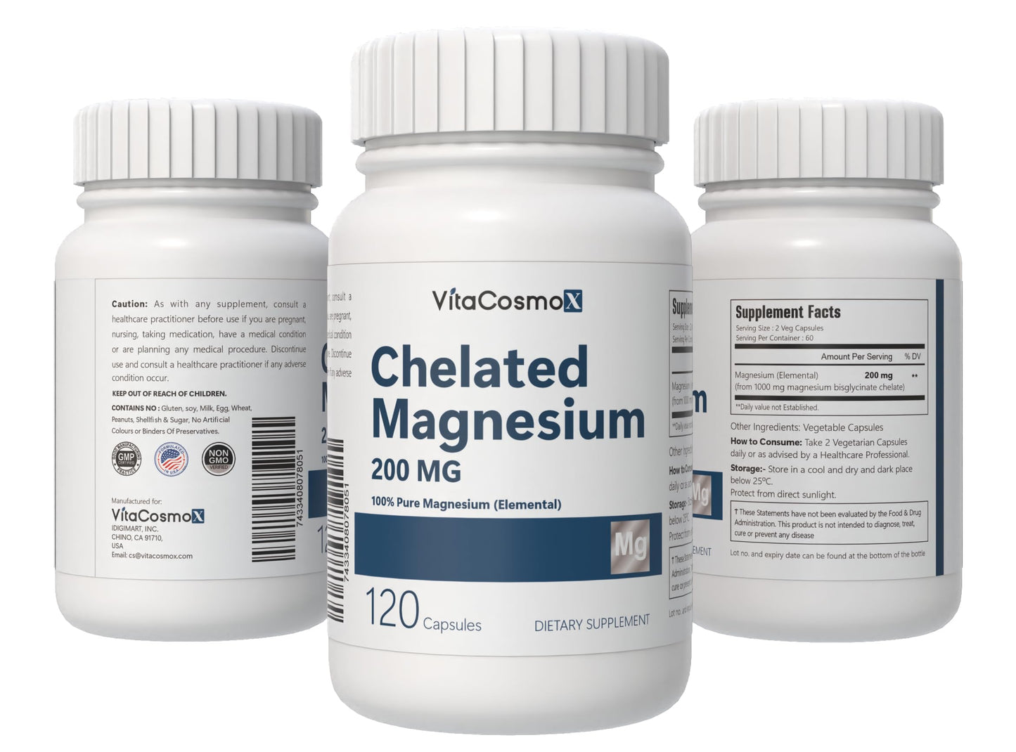 VitaCosmoX Chelated Magnesium Bisglycinate 200mg Capsules, 120 Capsules