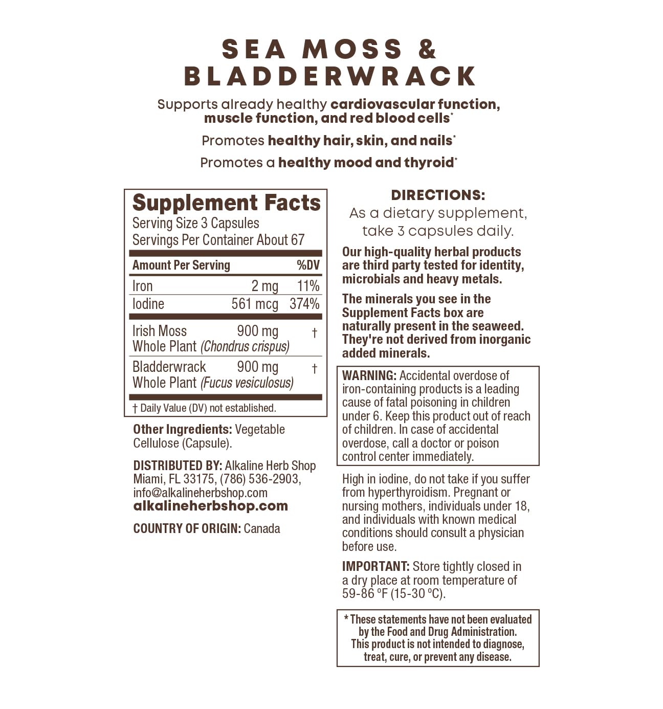 Alkaline Herb Store Sea Moss & Bladderwrack Supplement Capsules 200 Count