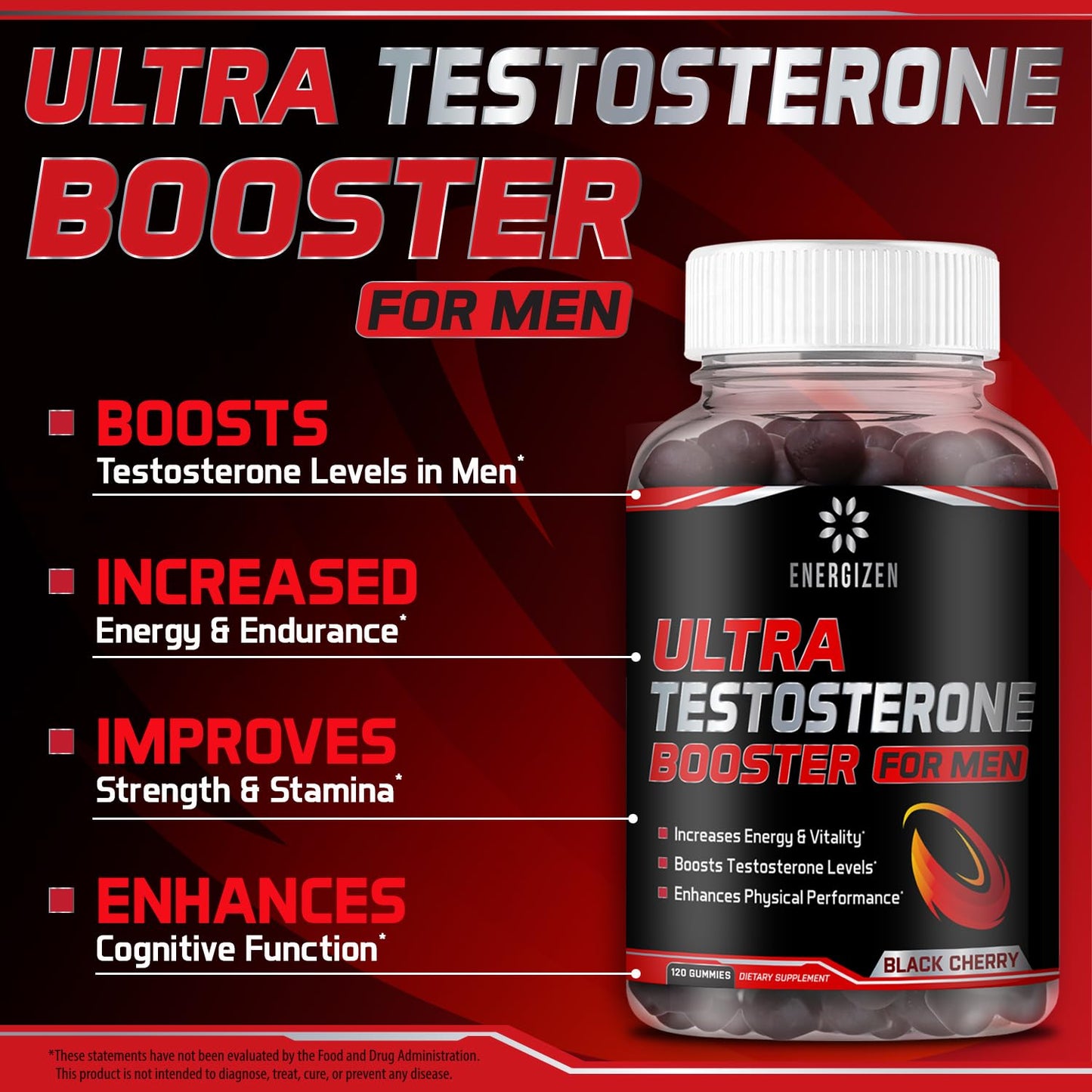 Energizen 8in1 Testosterone Booster for Men with Tongkat Ali, Fenugreek, Ashwagandha and Magnesium - Improve Libido & Hormonal Balance, Non-GMO Made in the USA, Black Cherry, 120 Count Gummies