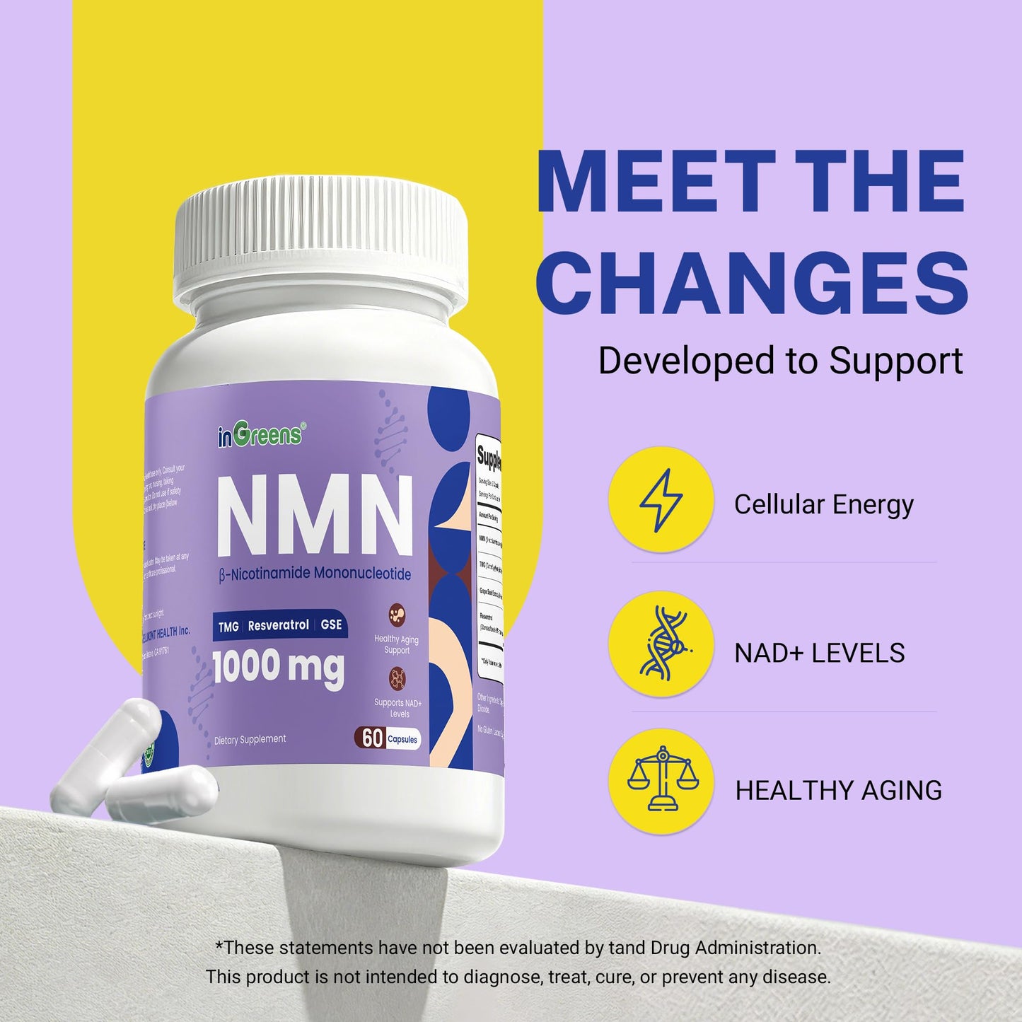 inGreens NMN 1000mg Supplement with TMG & Resveratrol, 60 Vegan Capsules