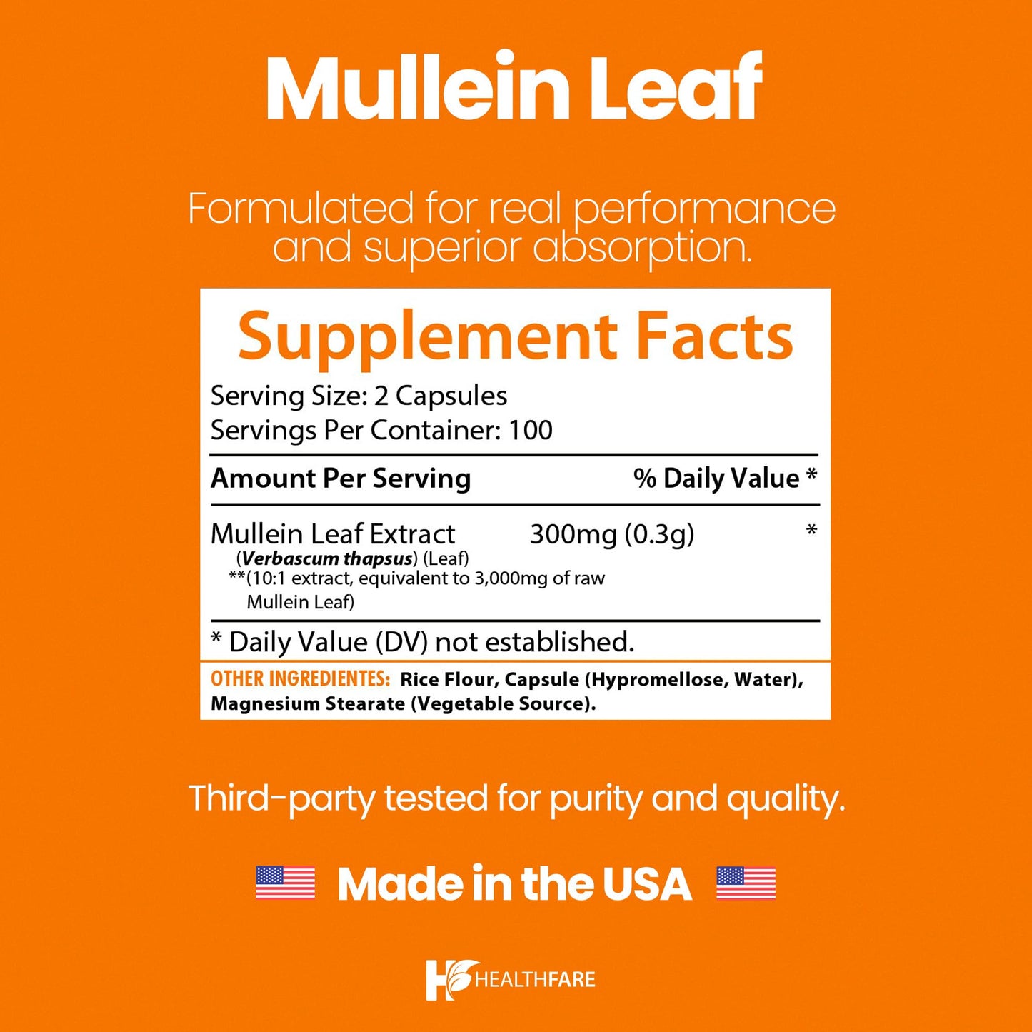 Healthfare Mullein Leaf Extract 3000mg Capsules, 200 Count