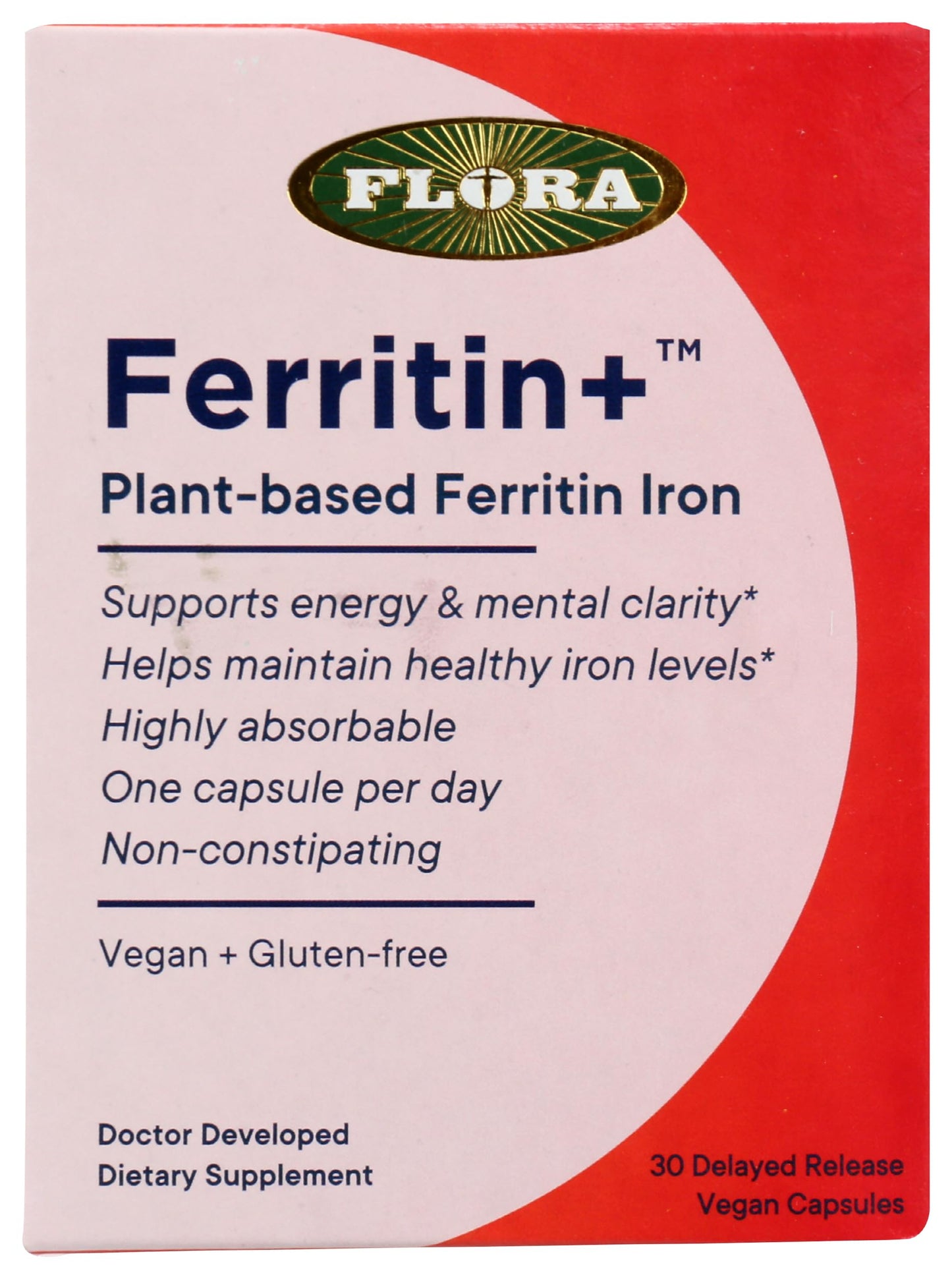 Flora Health Ferritin+ Dietary Supplement, Plant Based Ferritin Iron, Non-GMO, Gluten Free, 30 Capsules