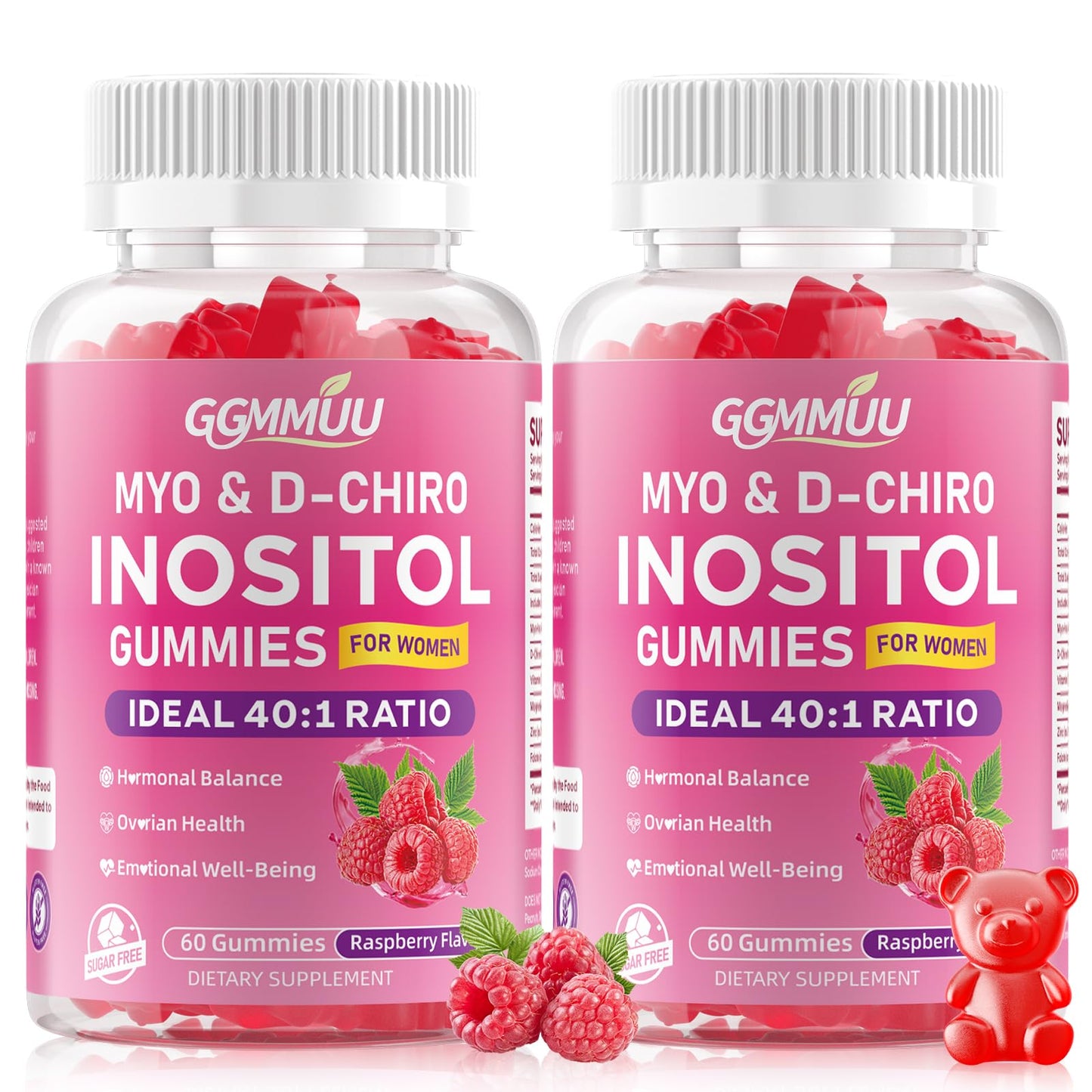 GGMMUU Myo-Inositol & D-Chiro Inositol Gummies for Women, 2000mg + 50mg, 40:1 Ratio, Vitamin D3, Magnesium Glycinate, Folate & Zinc, Raspberry Flavor, 120 Count