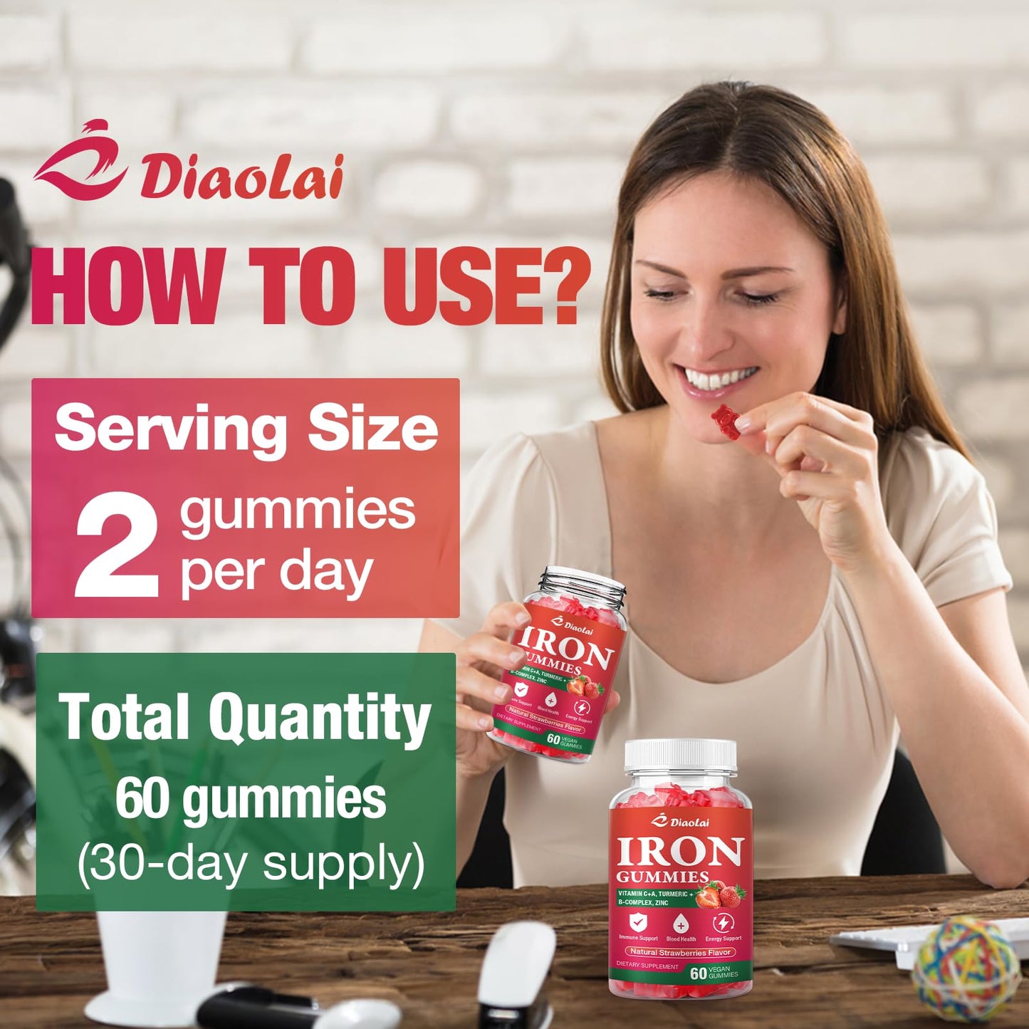 DIAOLAI Vegan Iron Gummies - High Potency Iron Supplement for Women & Men - Strawberry Flavor, 60 Count