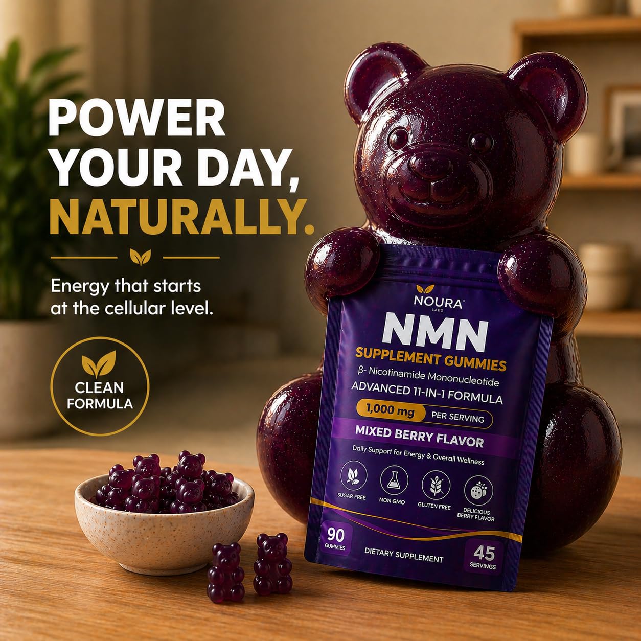 Noura Labs NMN 1000mg Gummies NAD+ Supplement, Mixed Berry, 90 Count