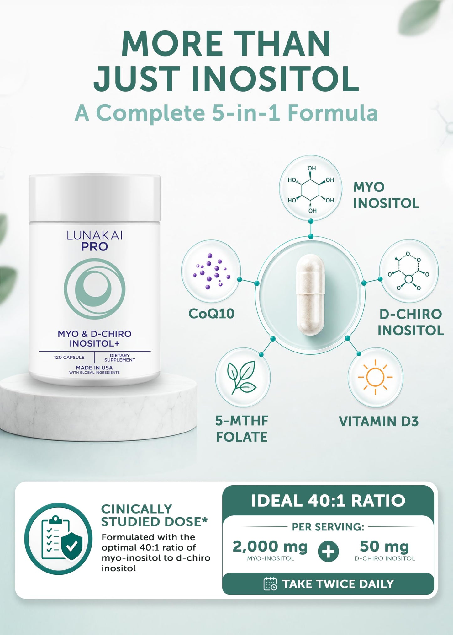 Lunakai Myo-Inositol D-Chiro Inositol for Women 40:1, 2000mg Capsule, 120 Count