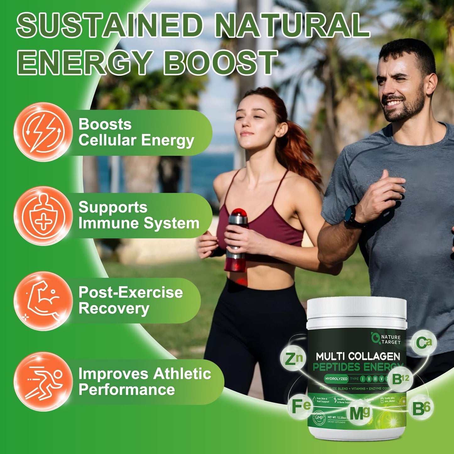 NATURE TARGET Collagen Powder for Women, Multi Collagen Peptides with Multivitamin & Digestive Enzyme Energy Blend, Supports Skin Hair, Nail & Joint, Powder, 12.35 Ounce