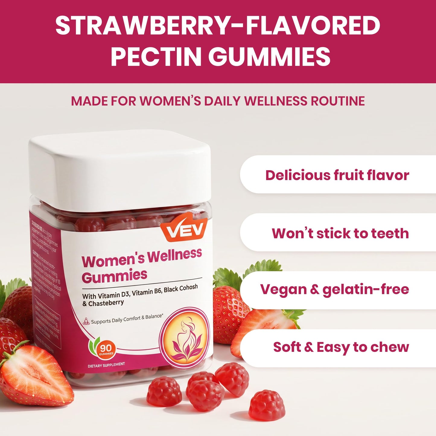 VEV Women's Wellness Gummies, Black Cohosh, Chasteberry, D3, B6, 90 Count