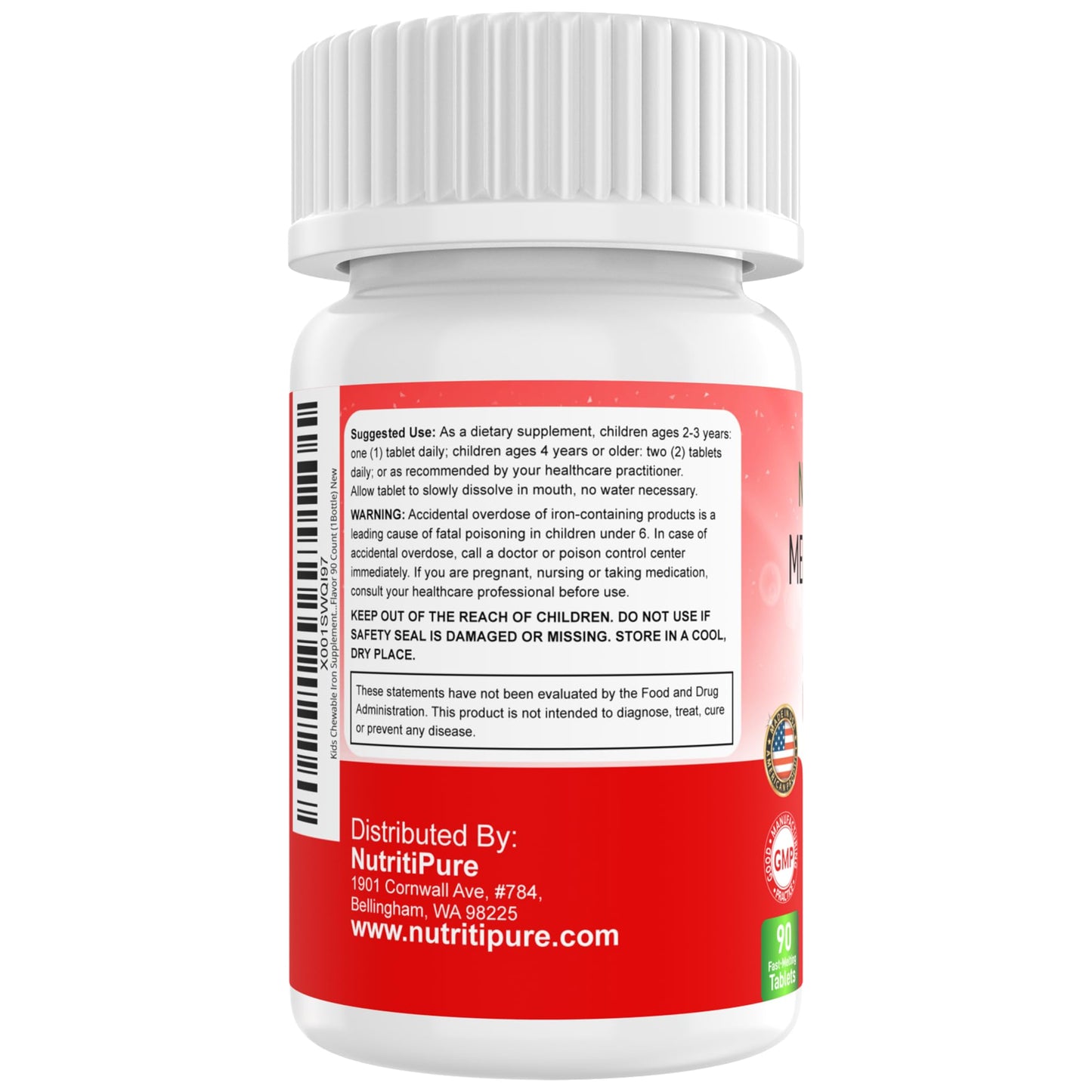NutritiPure Kids & Toddler Chewable Iron 9mg with Vitamin C Orange Tablets, 90 Count