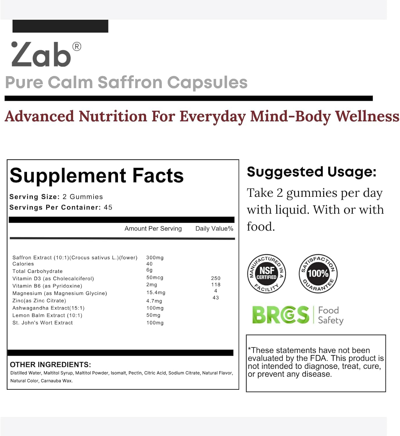 ZAB Saffron Supplements Gummy, Saffron & Rhodiola Rosea Extract Sugar-Free with Vitamin D3 & B6, Mood & Focus Support for Men & Women, 60 Gummies