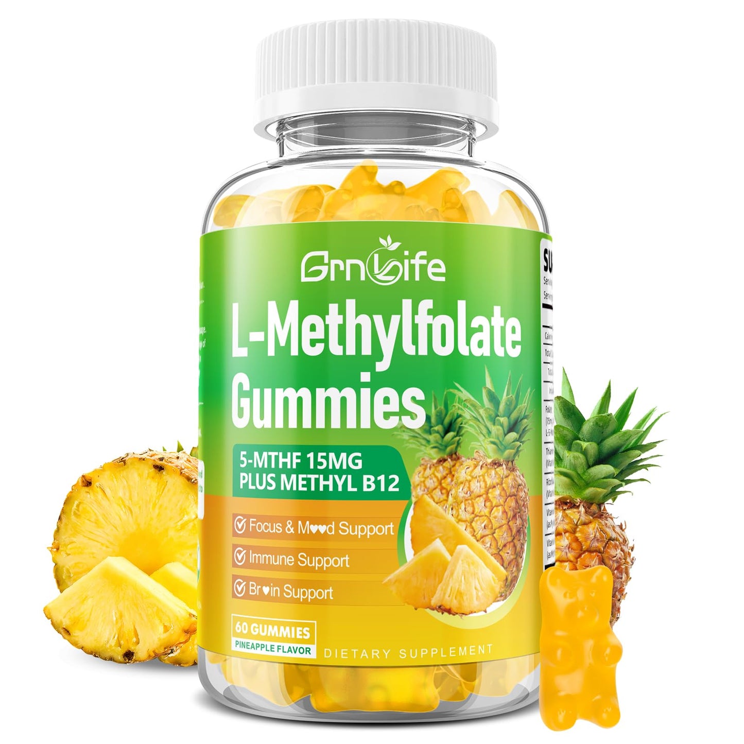 GrnLife L-Methylfolate 15 mg Gummies with Methyl B12, Methylated B1, B2, B6, Active 5-MTHF & High Absorption - Supports Brain Health & Immune System, Pineapple Flavor, 60 Count